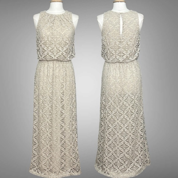London Times Women Dress 6 Beige Crochet Lace Sheer Lined Maxi Boho Beach Hippie - Picture 2 of 13